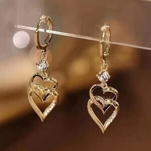 NEW Gold Double-Layer Heart Dangle Earrings – Trendy & Elegant Jewelry